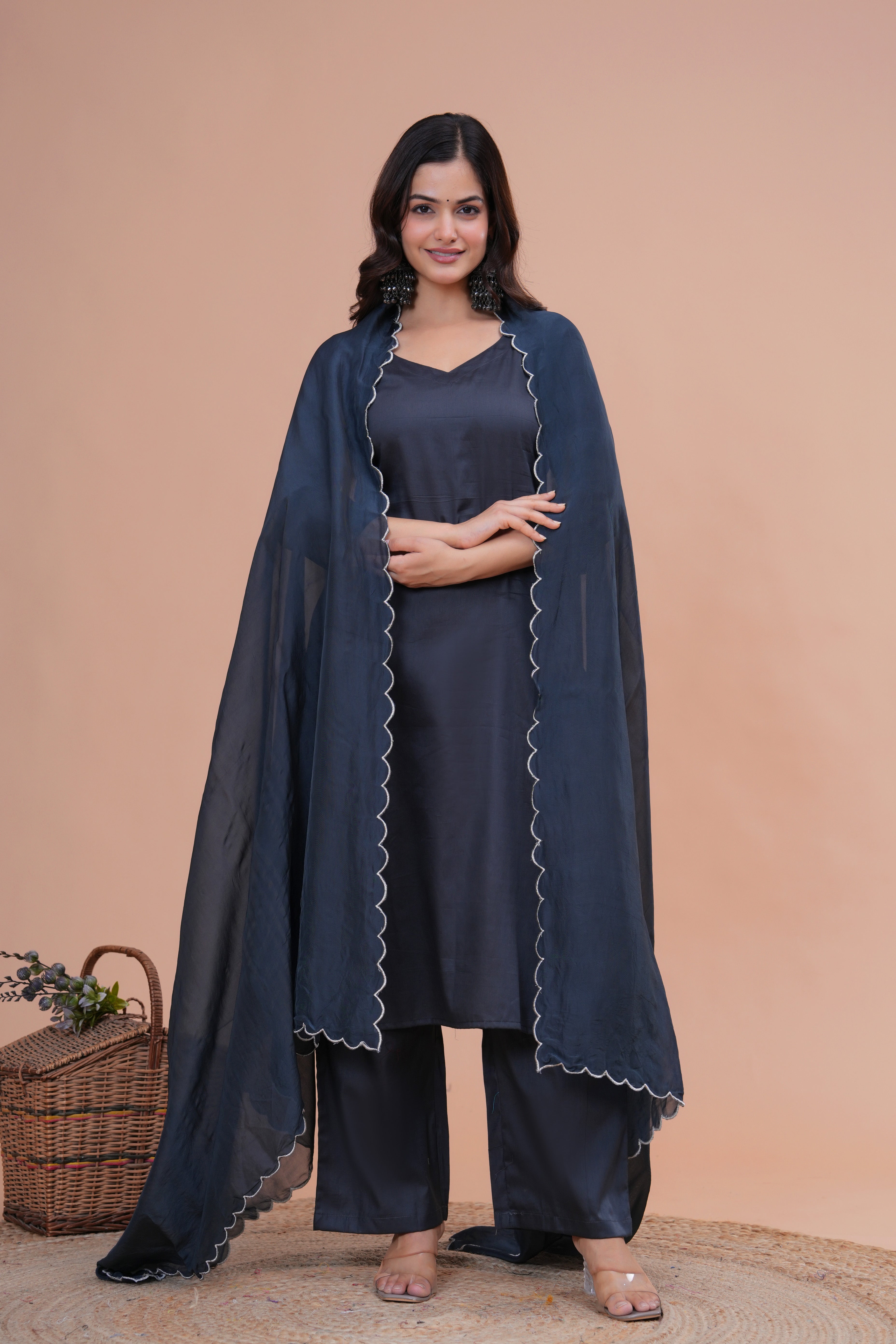 Grey Cotton Silk Scallop Suit Set