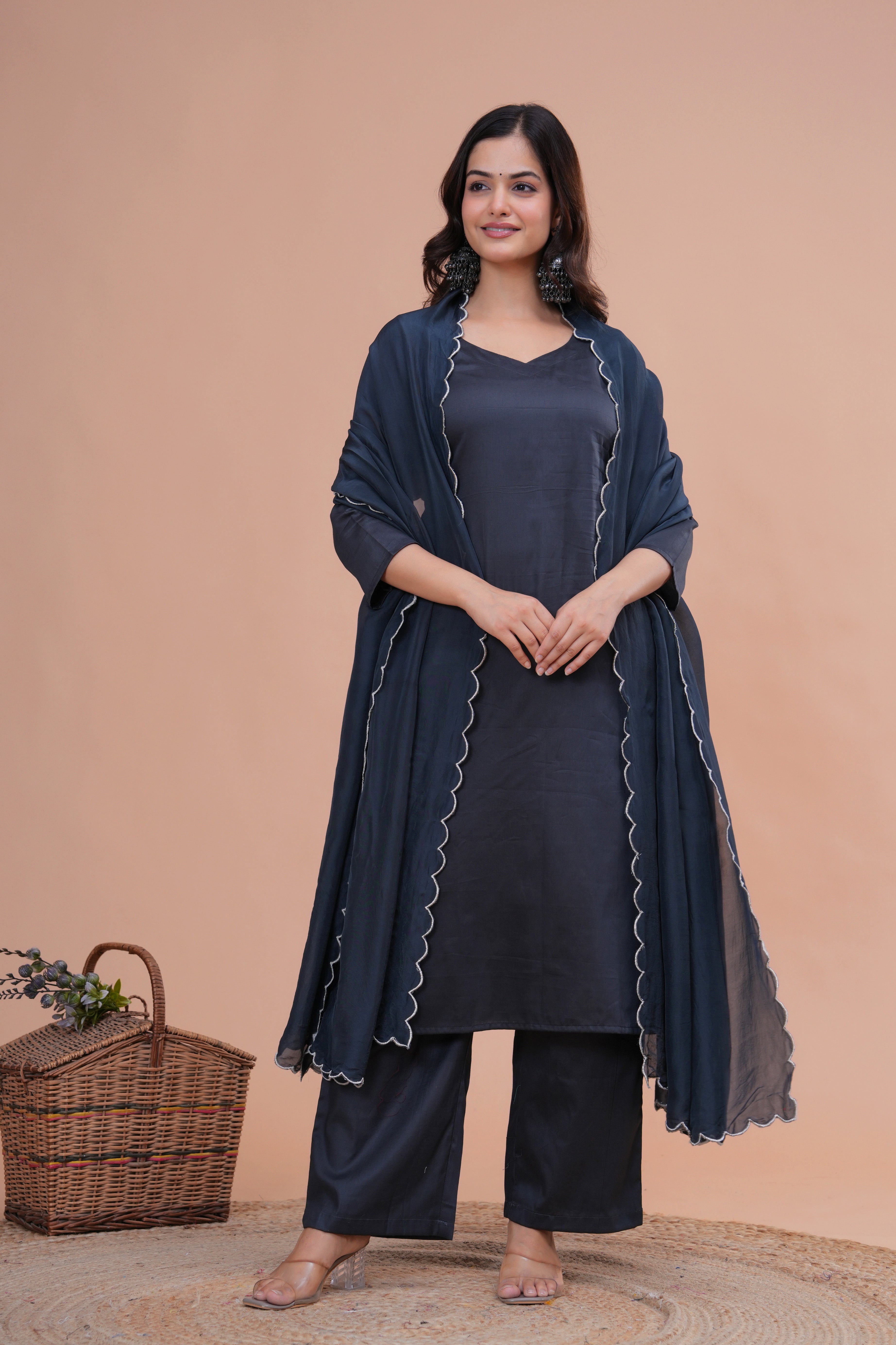 Grey Cotton Silk Scallop Suit Set