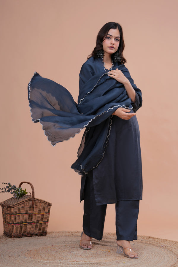 Grey Cotton Silk Scallop Suit Set