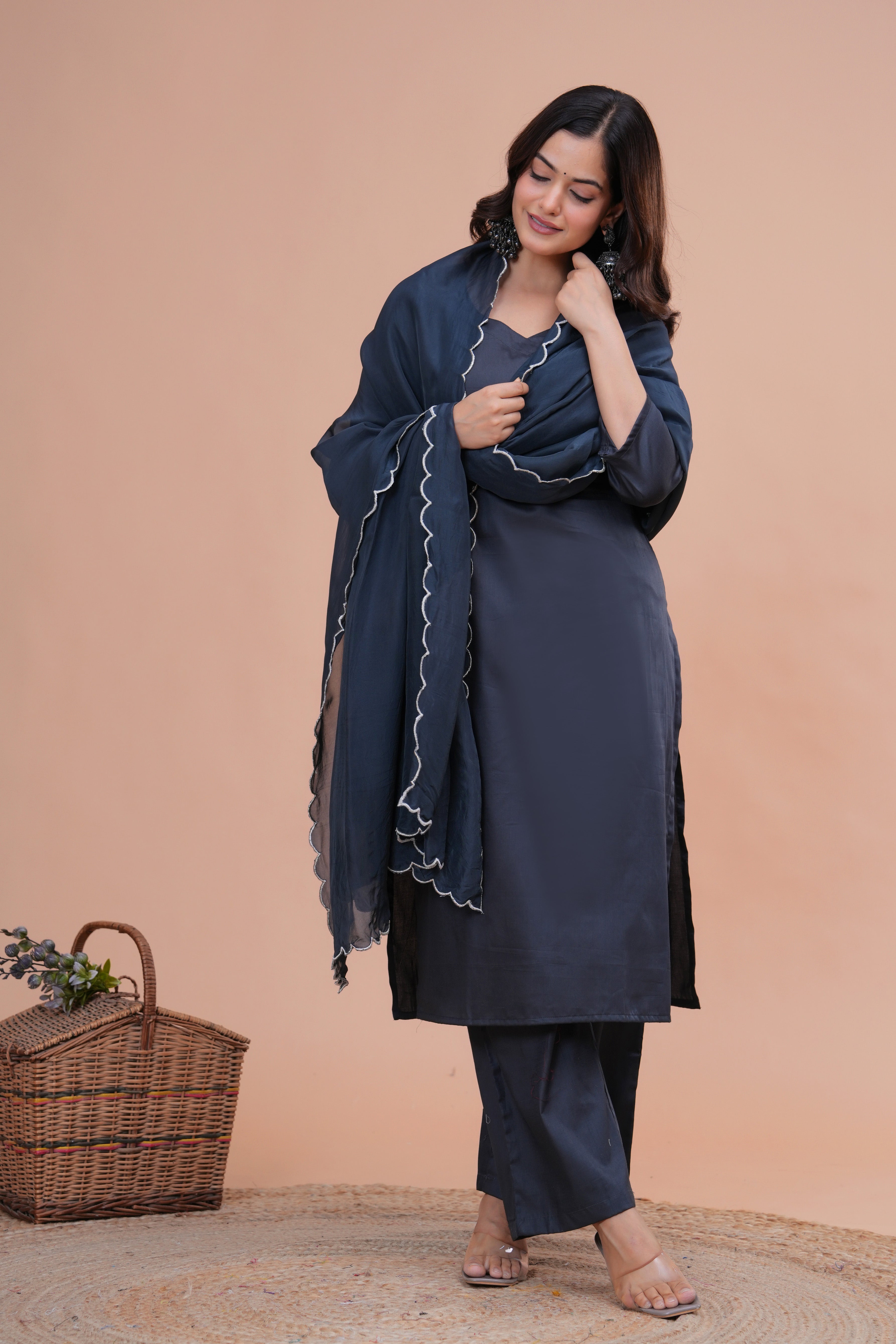 Grey Cotton Silk Scallop Suit Set