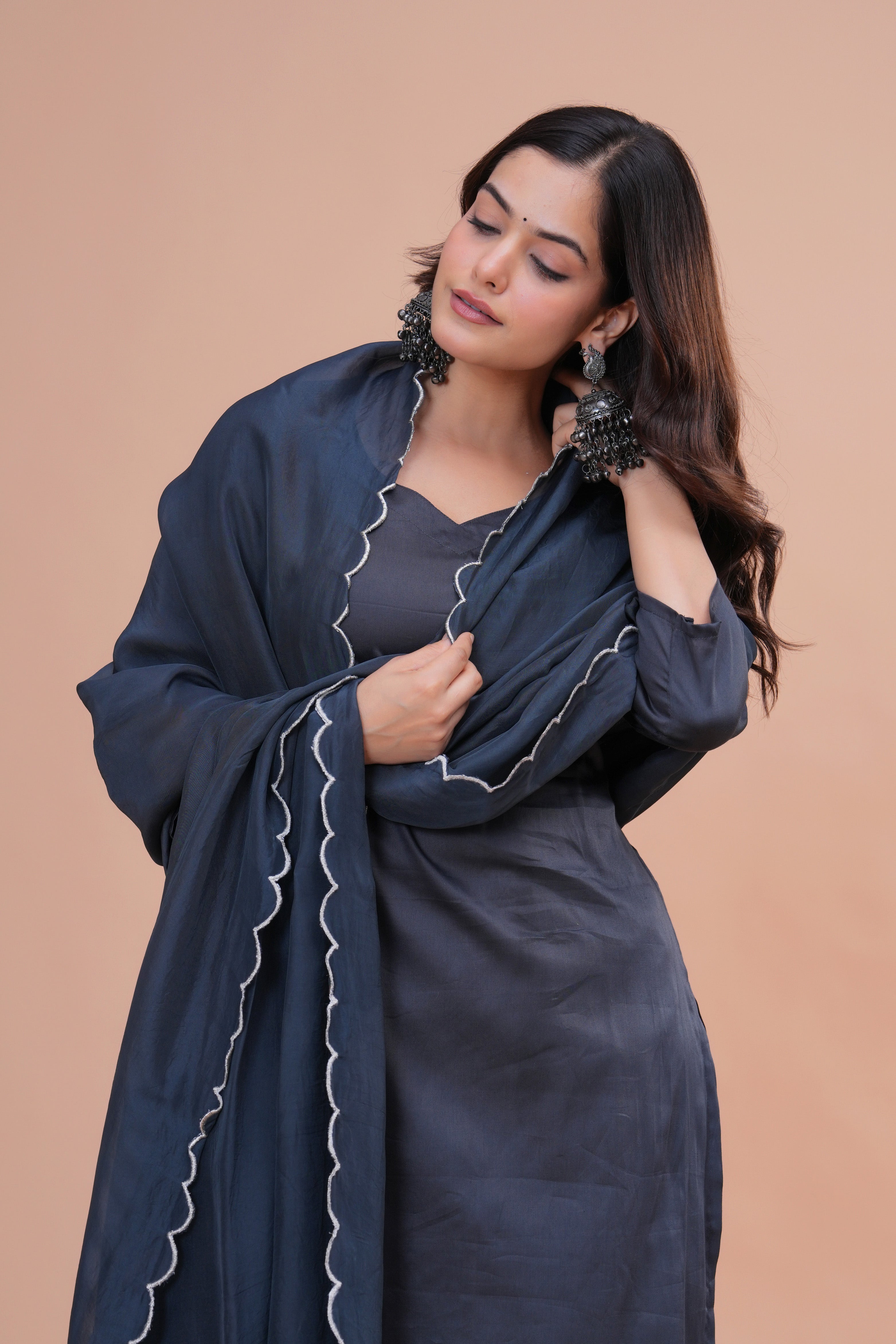 Grey Cotton Silk Scallop Suit Set