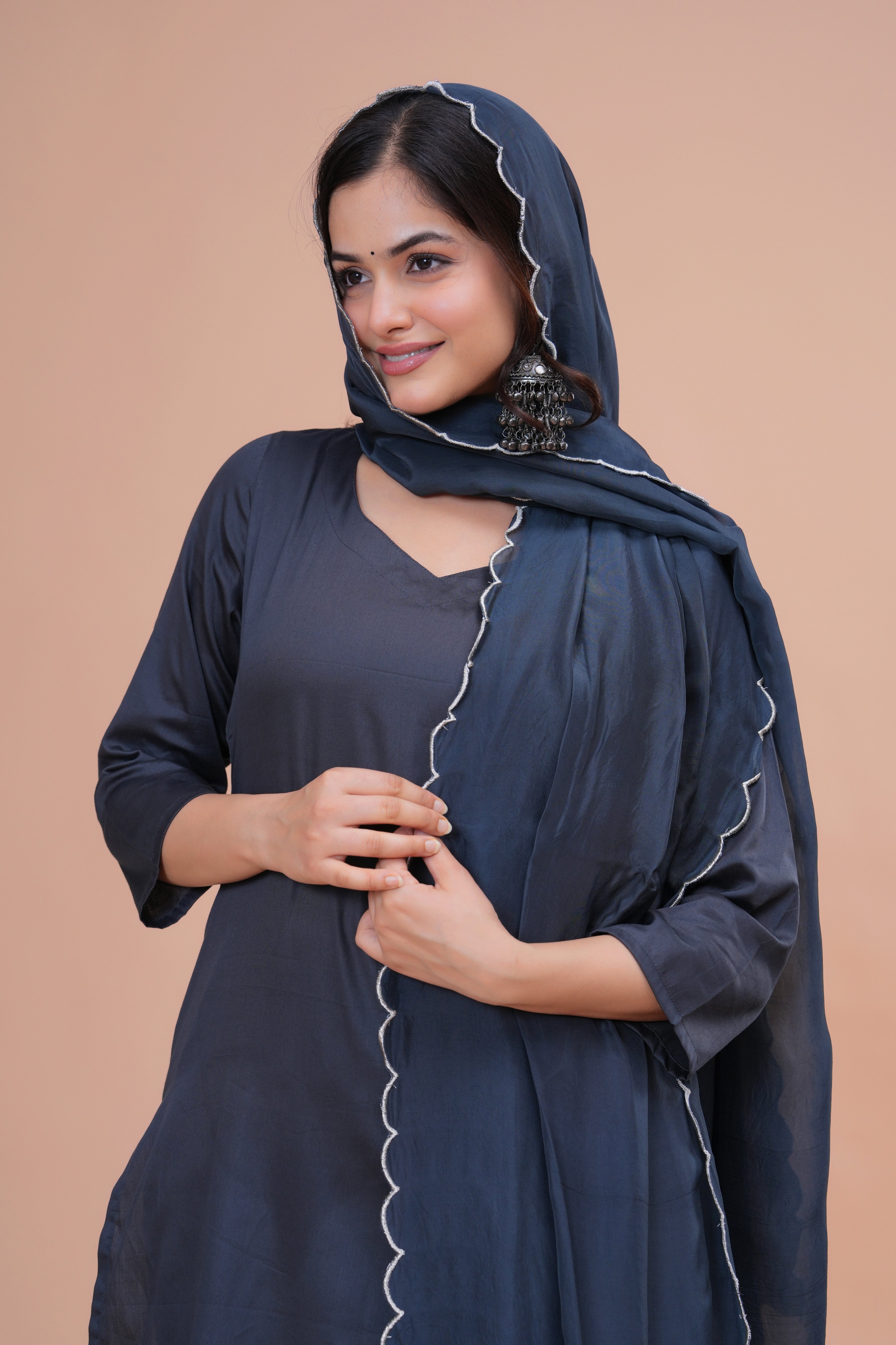 Grey Cotton Silk Scallop Suit Set