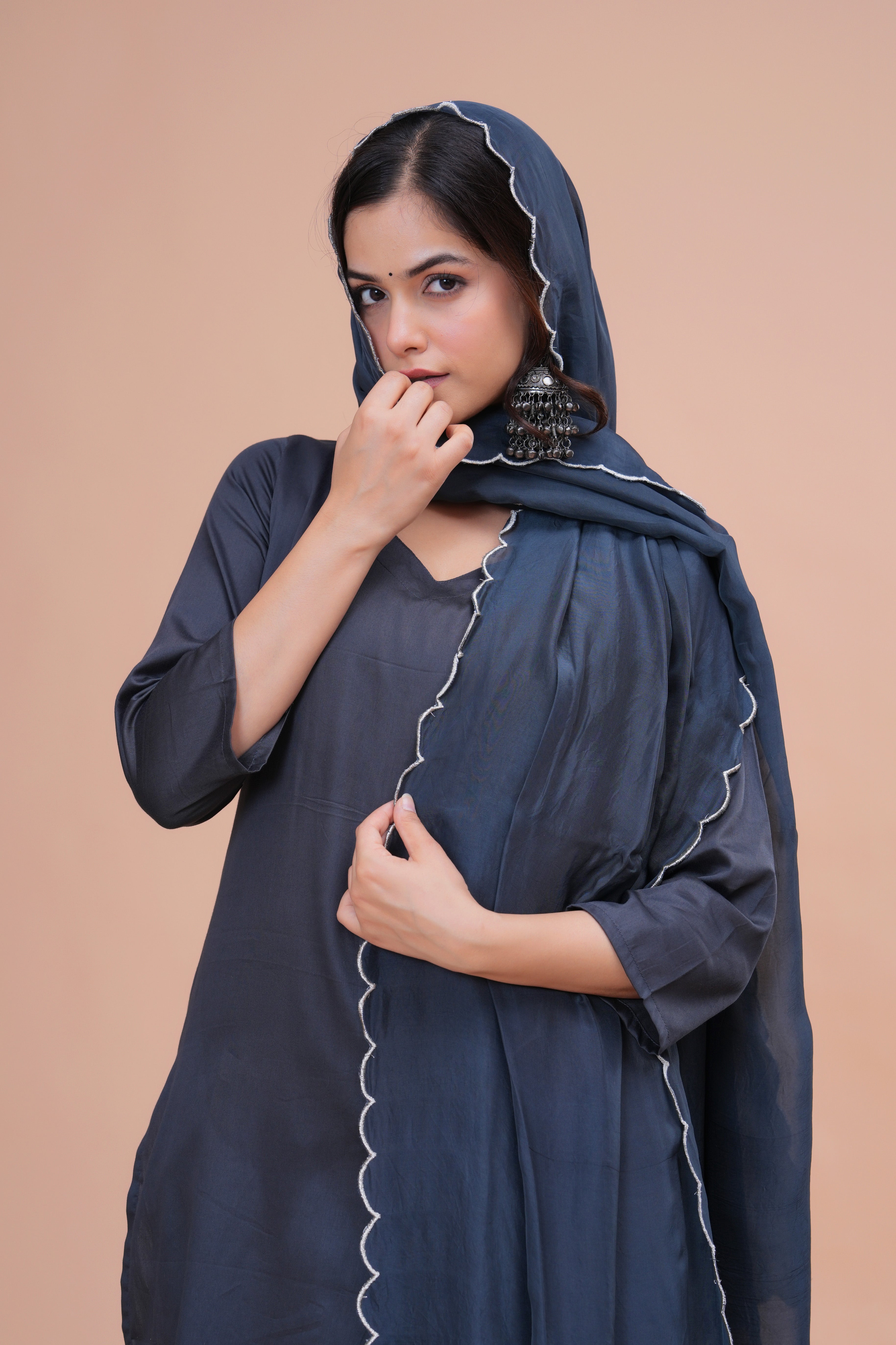 Grey Cotton Silk Scallop Suit Set