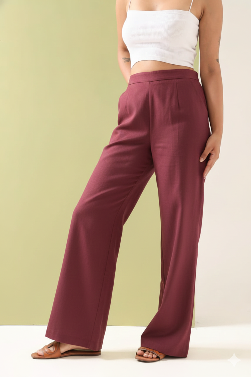 Women's Wine High-Waist Wide Leg Trousers