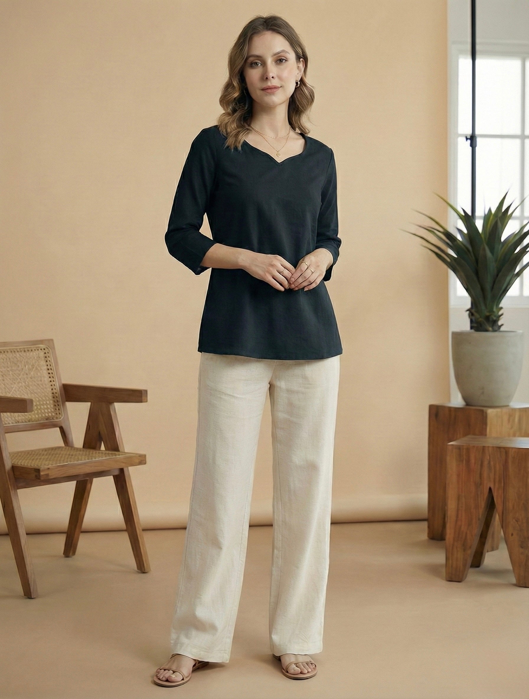 Women's Relaxed Fit Linen Wide-Leg Pants – Natural Beige