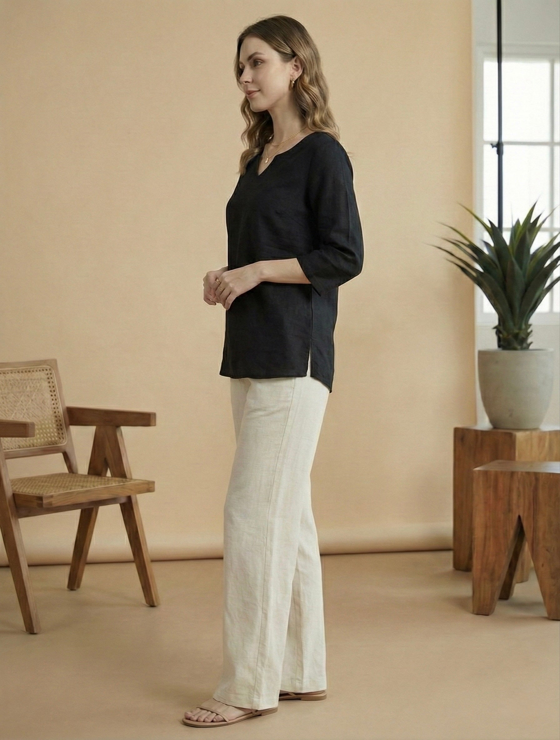 Women's Relaxed Fit Linen Wide-Leg Pants – Natural Beige