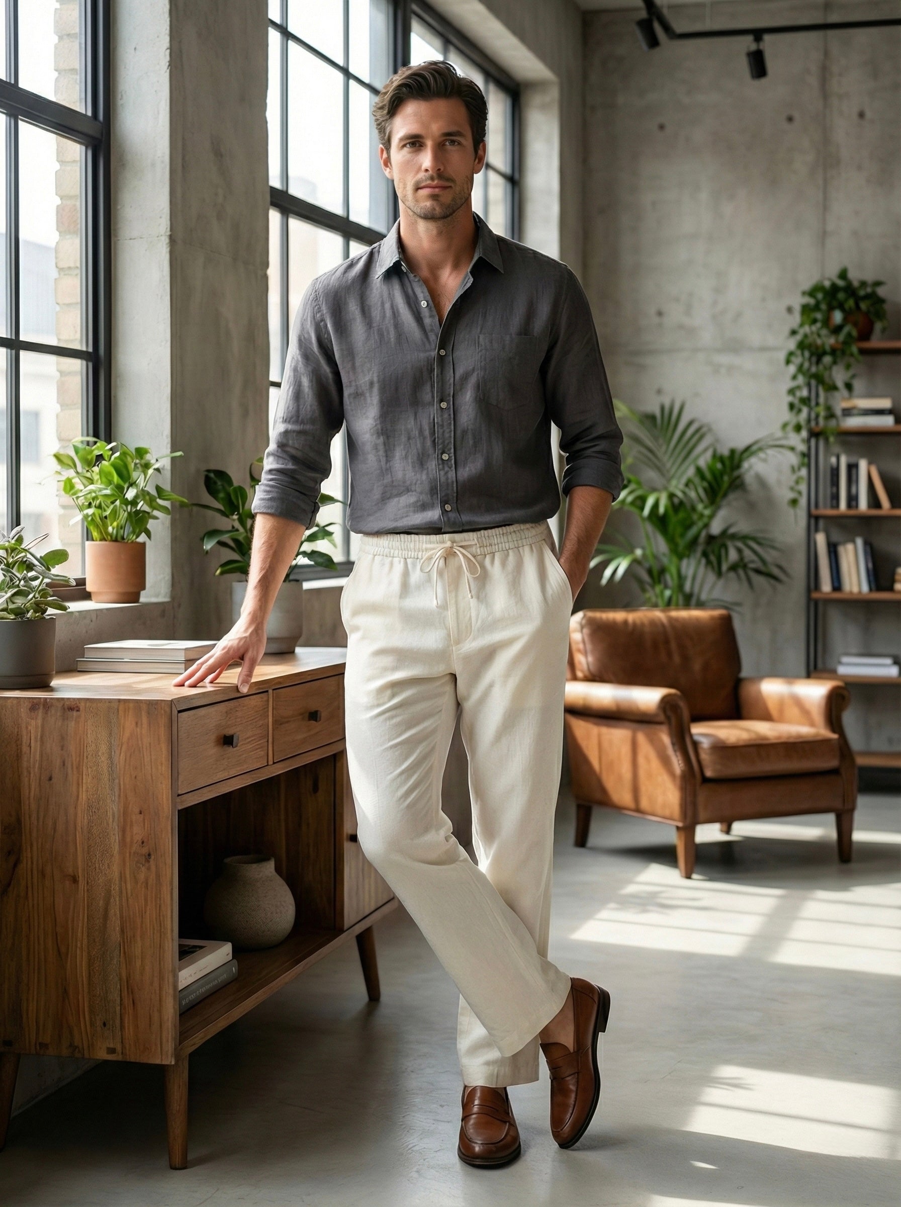 Men's Off-White Linen Blend Straight Fit Casual Trousers