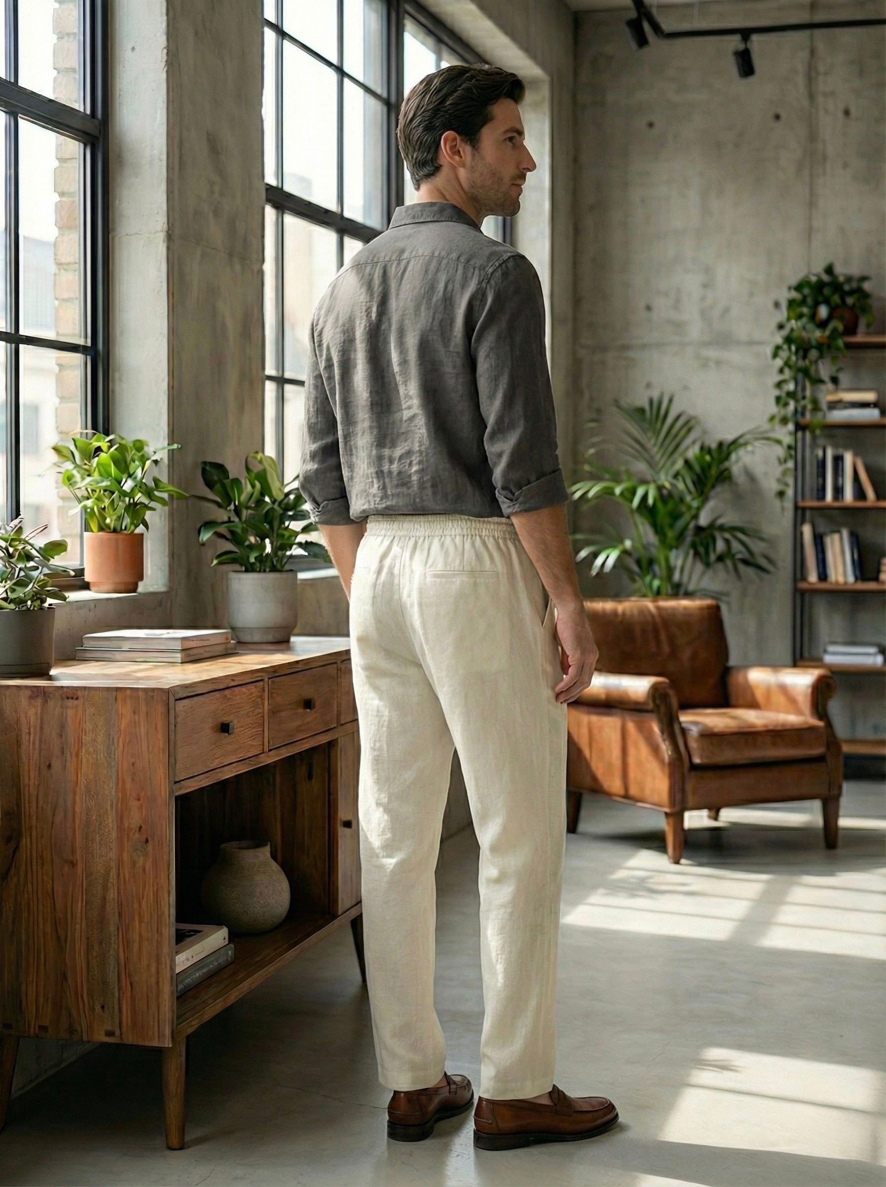 Men's Off-White Linen Blend Straight Fit Casual Trousers
