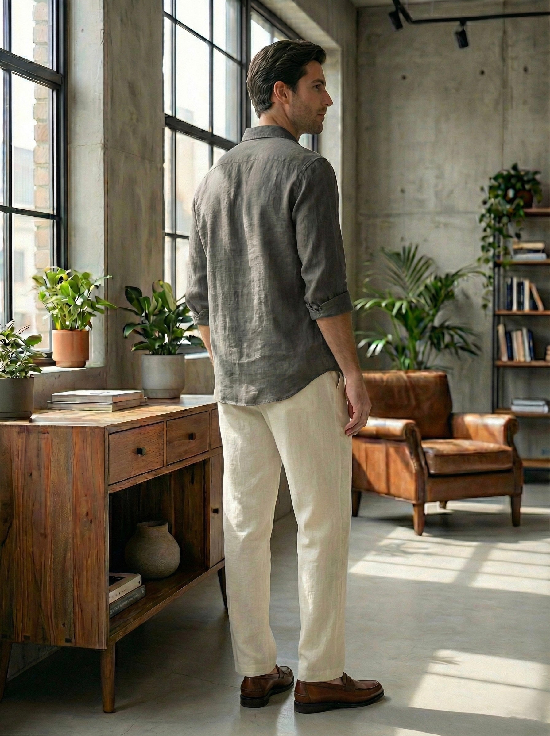 Men's Off-White Linen Blend Straight Fit Casual Trousers