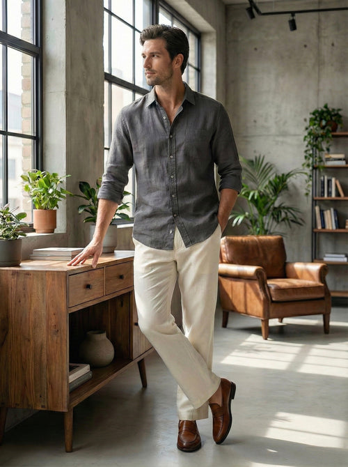 Men's Off-White Linen Blend Straight Fit Casual Trousers