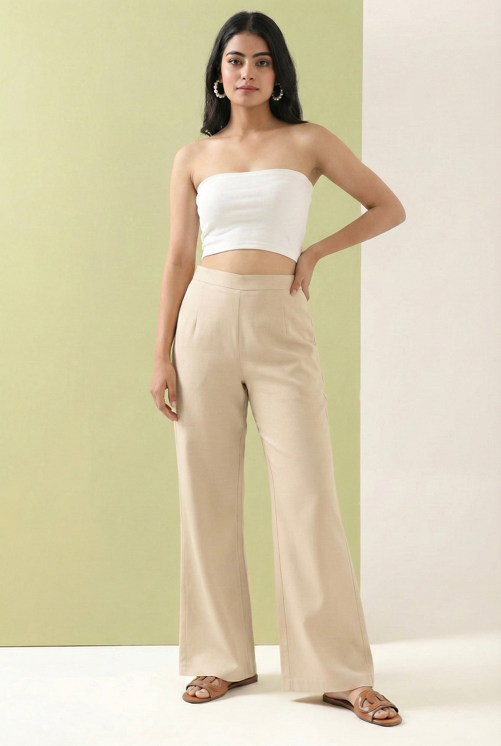 Women's Beige High-Waist Wide Leg Trousers