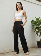 Women's Black Relaxed Wide-Leg Pants with Pockets