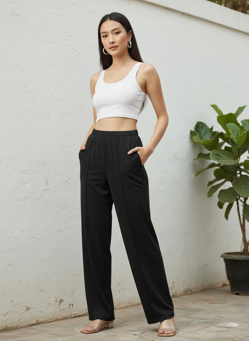 Women's Black Relaxed Wide-Leg Pants with Pockets