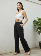 Women's Black Relaxed Wide-Leg Pants with Pockets