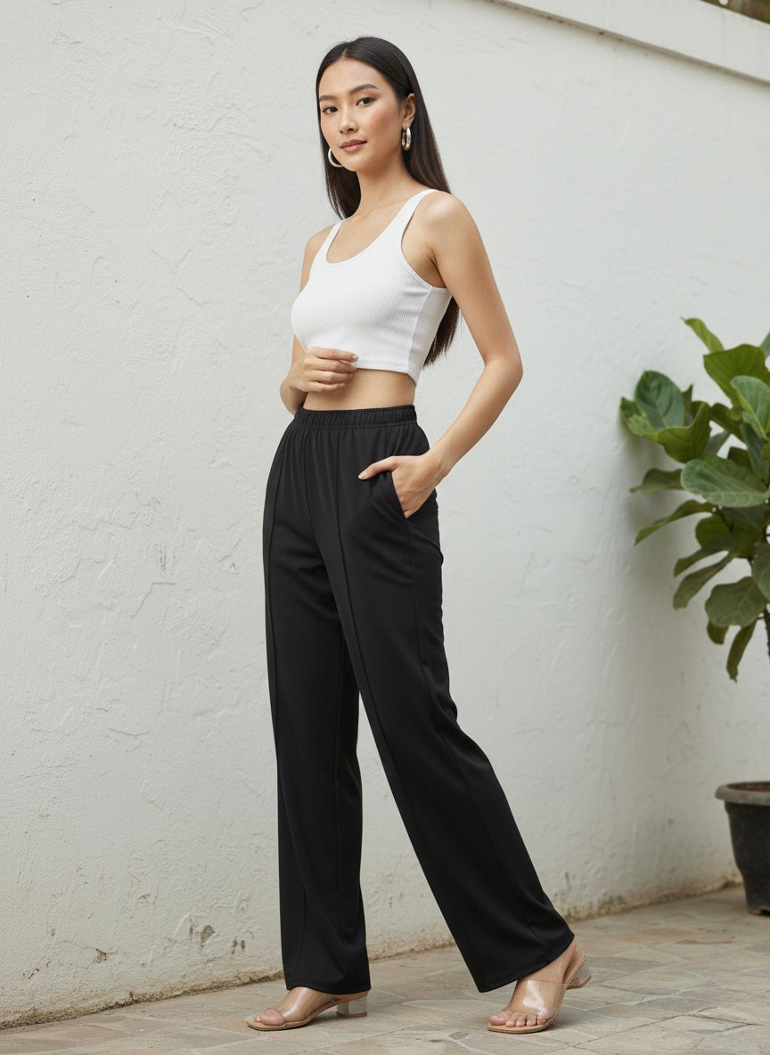 Women's Black Relaxed Wide-Leg Pants with Pockets
