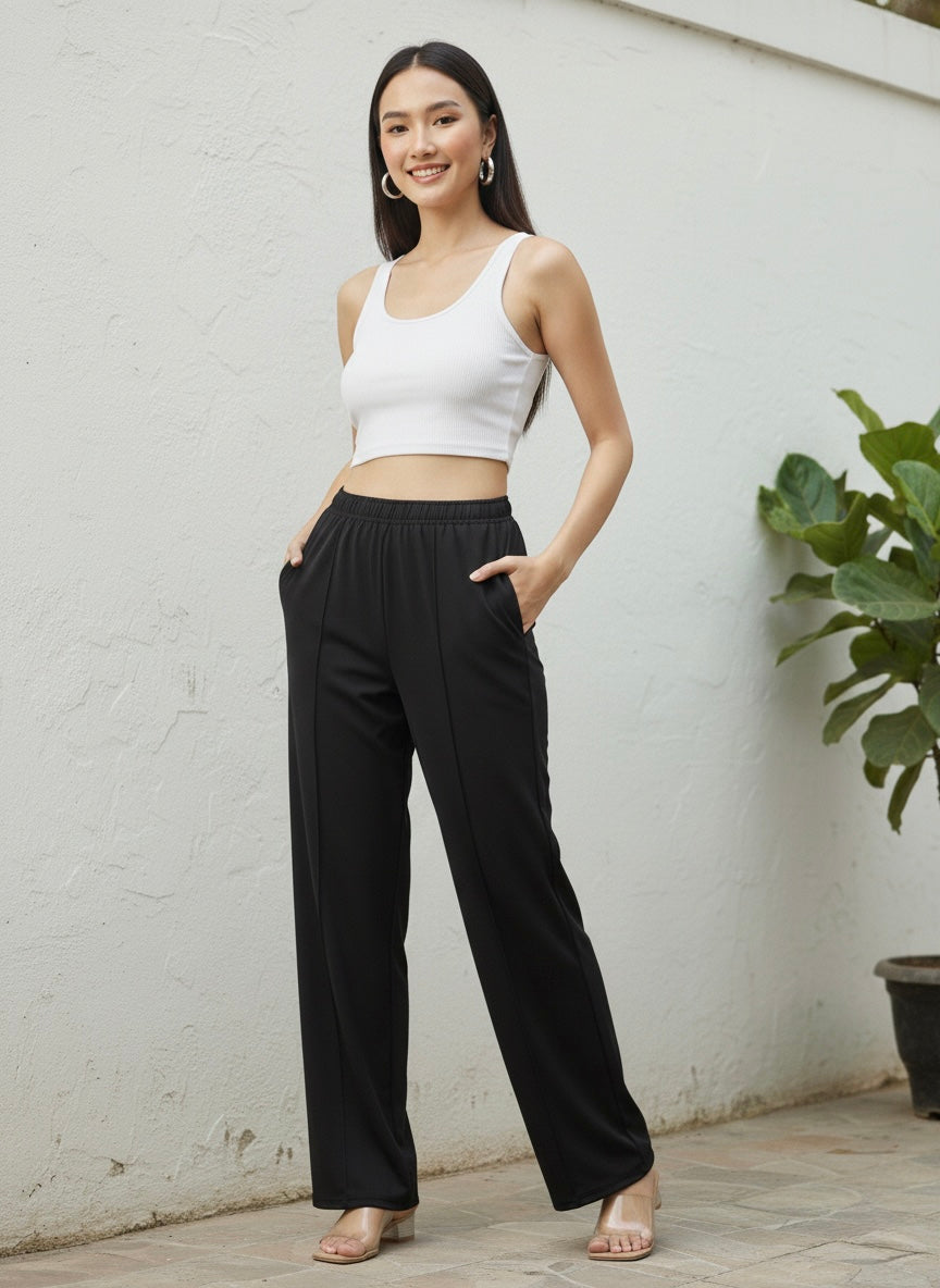 Women's Black Relaxed Wide-Leg Pants with Pockets