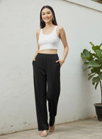 Women's Black Relaxed Wide-Leg Pants with Pockets