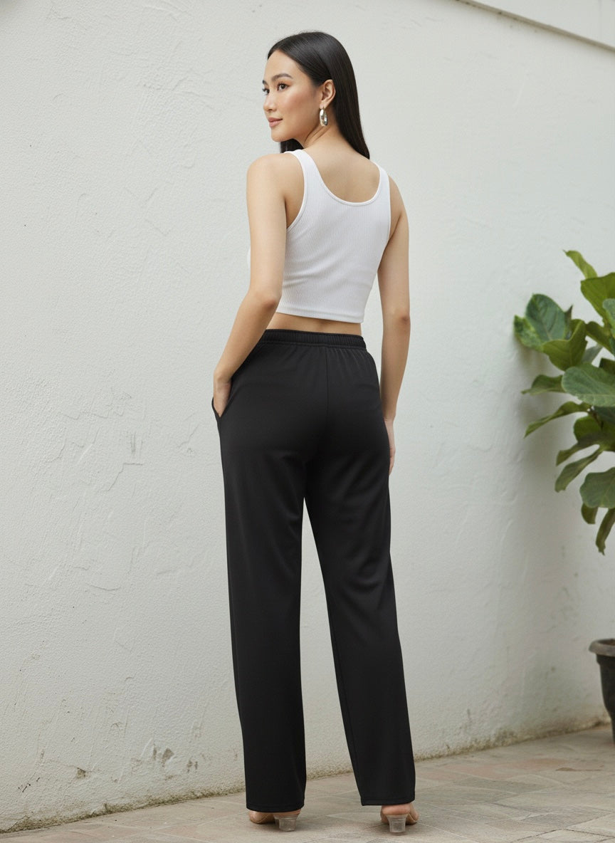 Women's Black Relaxed Wide-Leg Pants with Pockets