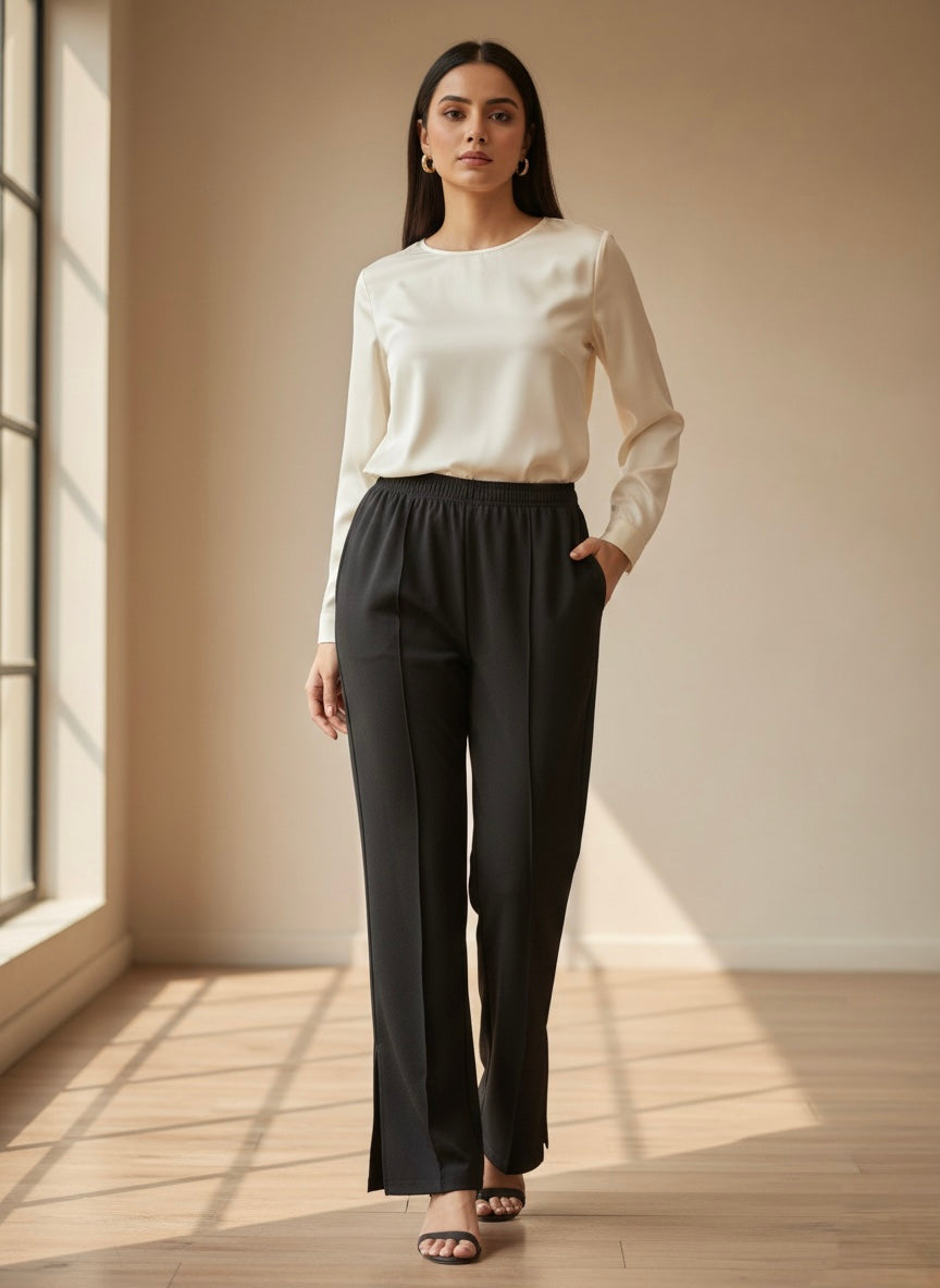 Women's Black Elastic Waist Straight-Leg Comfort Trousers