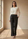 Women's Black Elastic Waist Straight-Leg Comfort Trousers