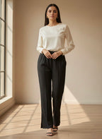 Women's Black Elastic Waist Straight-Leg Comfort Trousers