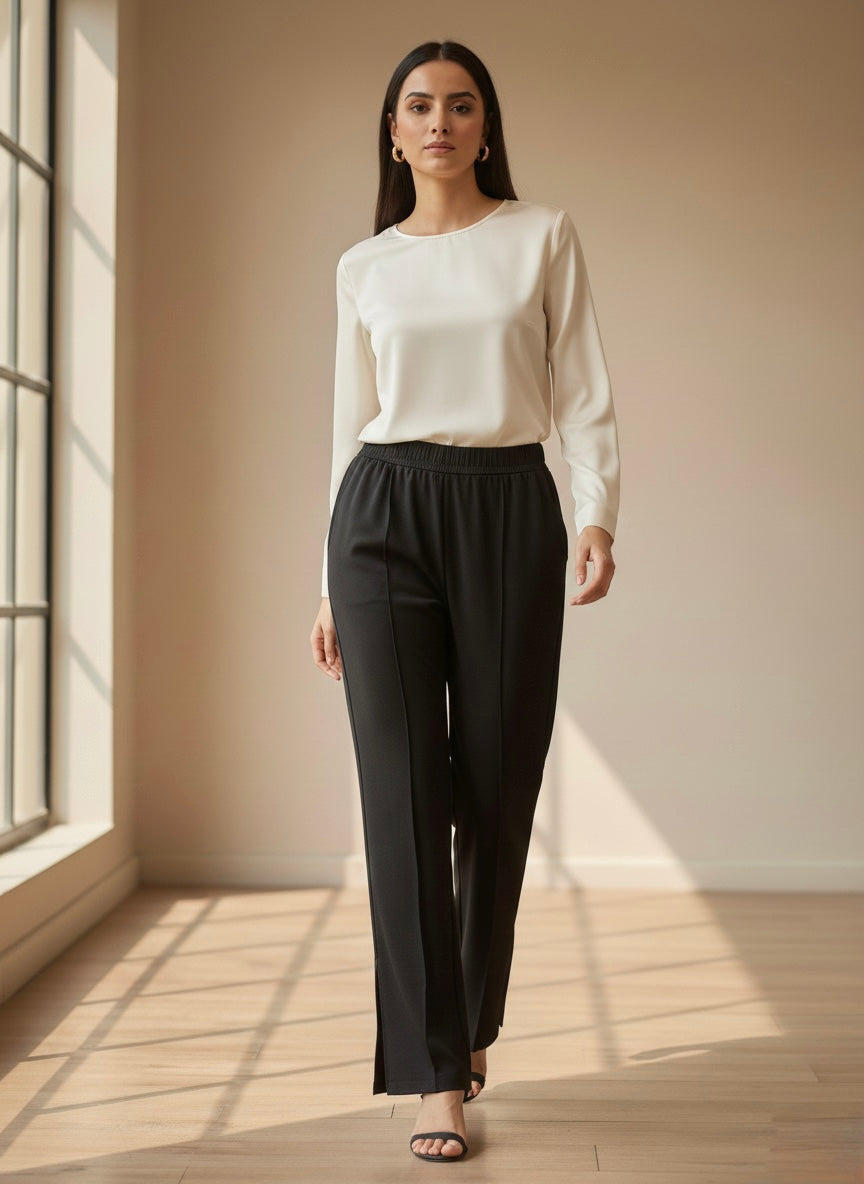 Women's Black Elastic Waist Straight-Leg Comfort Trousers