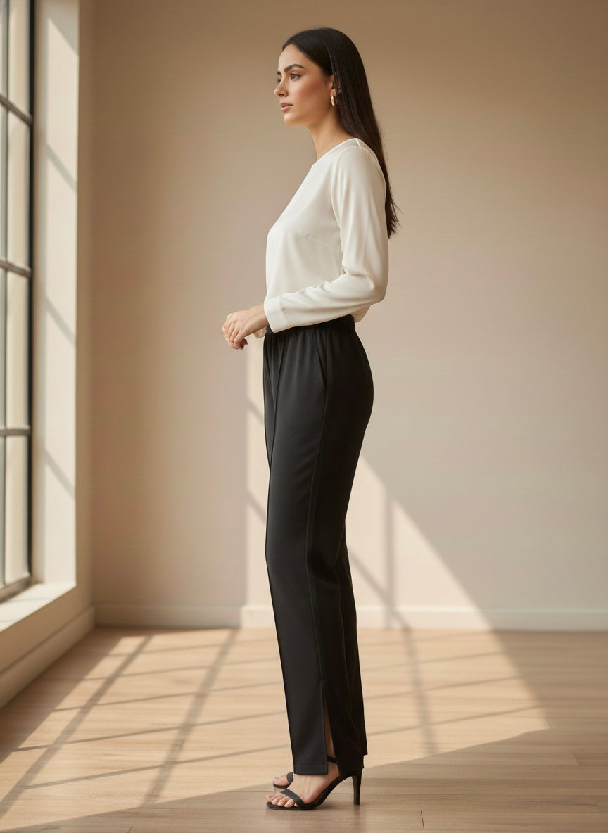 Women's Black Elastic Waist Straight-Leg Comfort Trousers