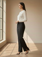 Women's Black Elastic Waist Straight-Leg Comfort Trousers