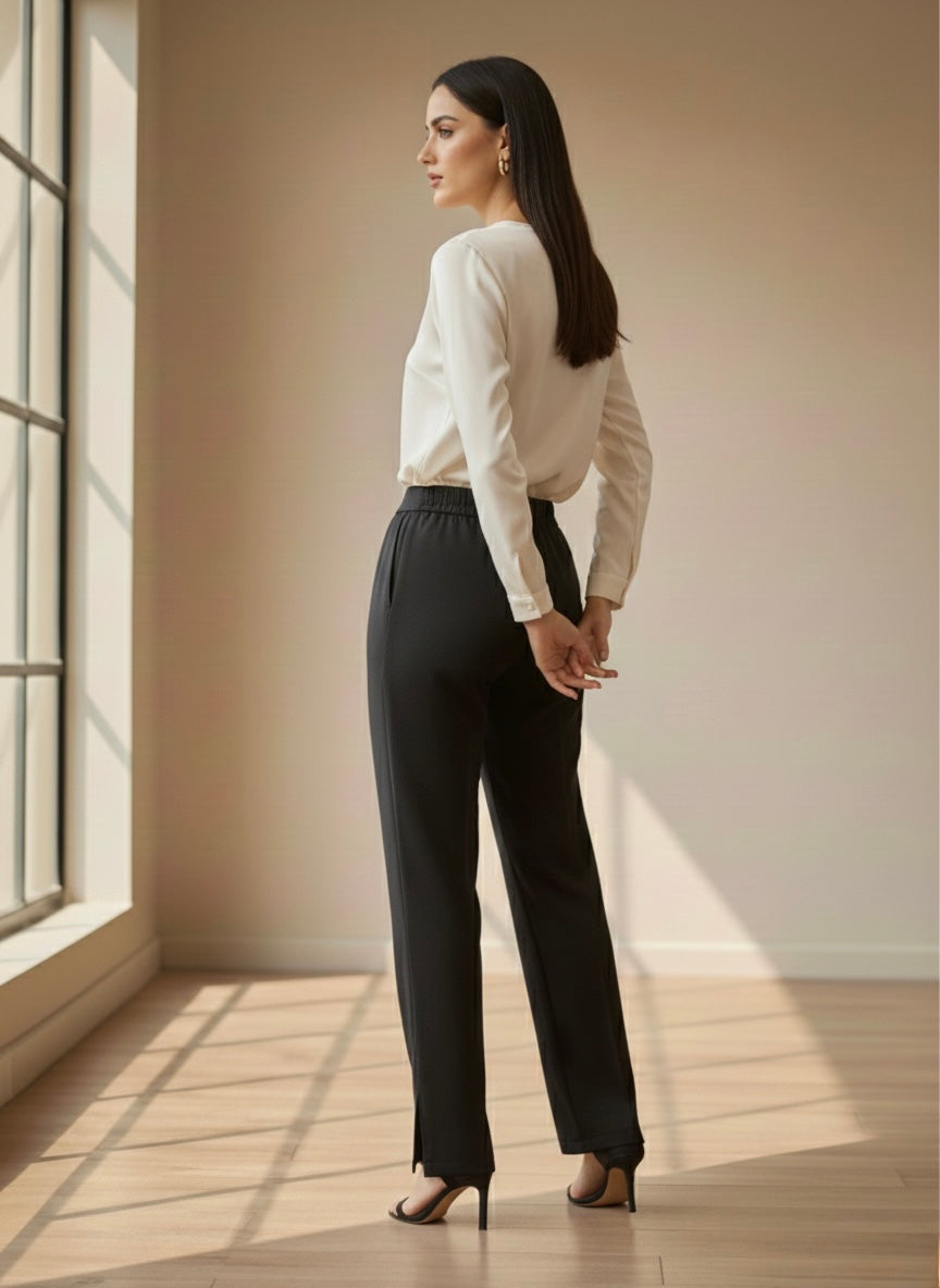 Women's Black Elastic Waist Straight-Leg Comfort Trousers