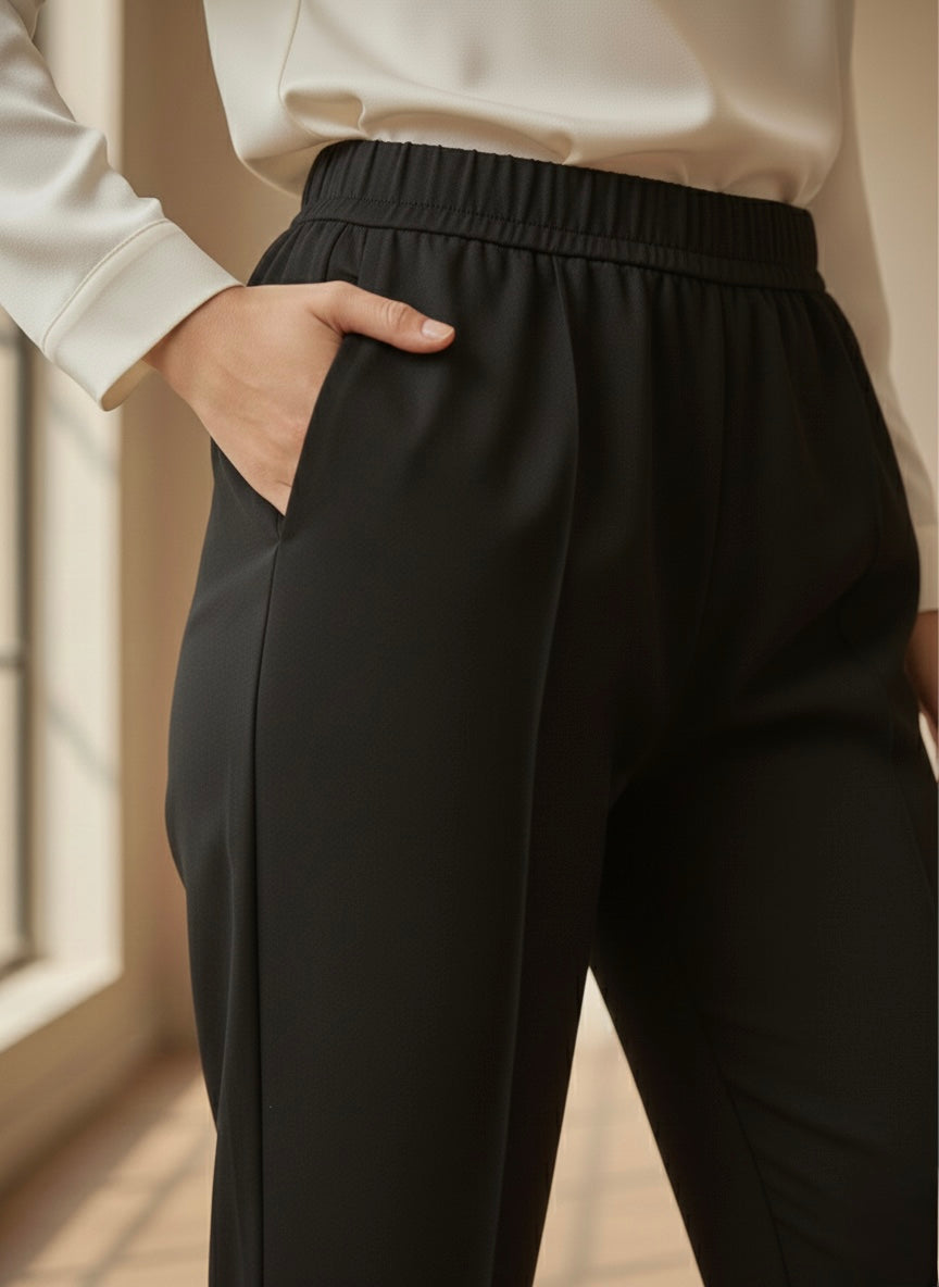 Women's Black Elastic Waist Straight-Leg Comfort Trousers