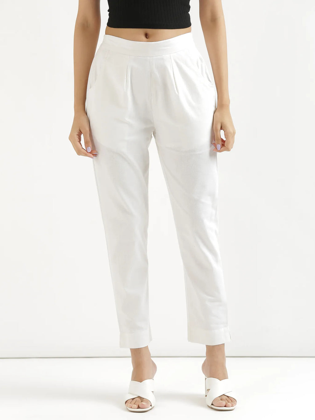 Women's Classic White High-Waist Tapered Cotton Pants