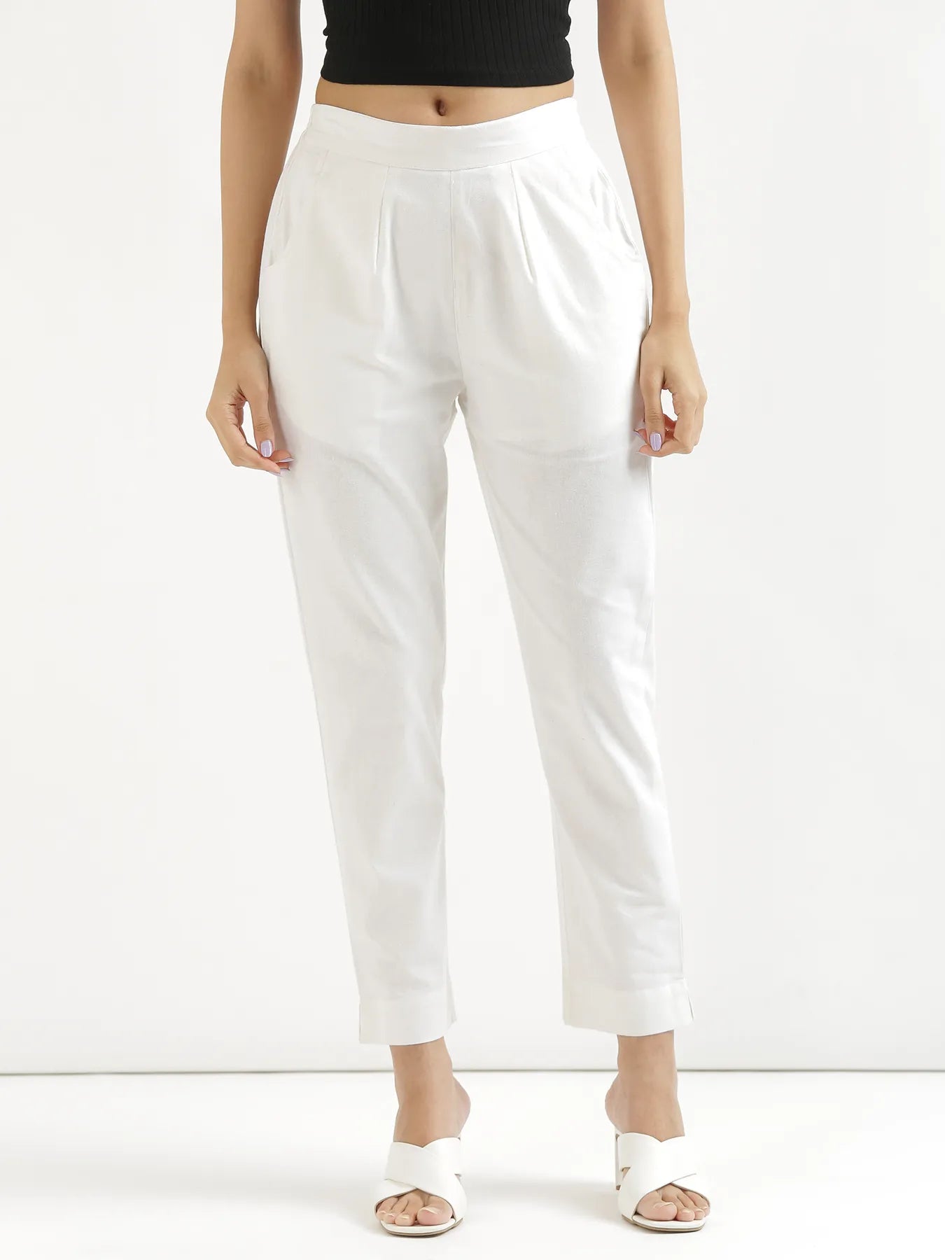 Women's Classic White High-Waist Tapered Cotton Pants