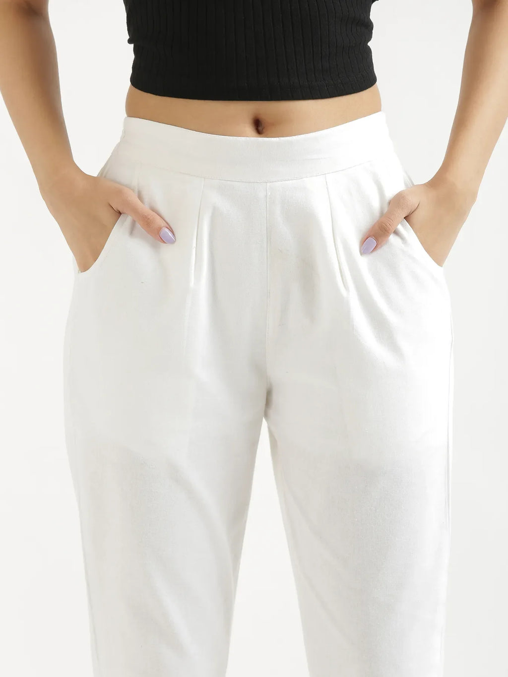 Women's Classic White High-Waist Tapered Cotton Pants