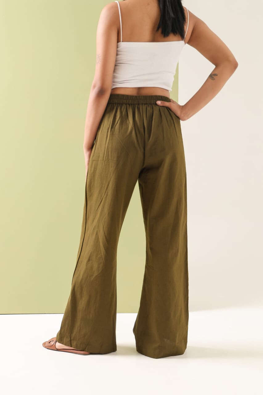 Women's Olive Green Wide-Leg Linen Blend Trousers with Elastic Back Waist