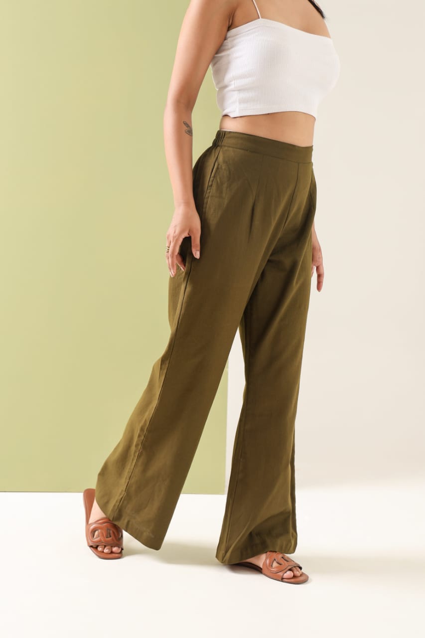 Women's Olive Green Wide-Leg Linen Blend Trousers with Elastic Back Waist