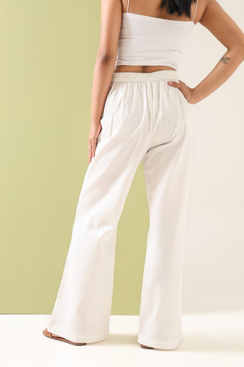 Women's White Wide-Leg Linen Blend Trousers – High Waist Relaxed Fit Pants