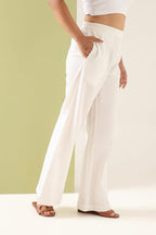 Women's White Wide-Leg Linen Blend Trousers – High Waist Relaxed Fit Pants