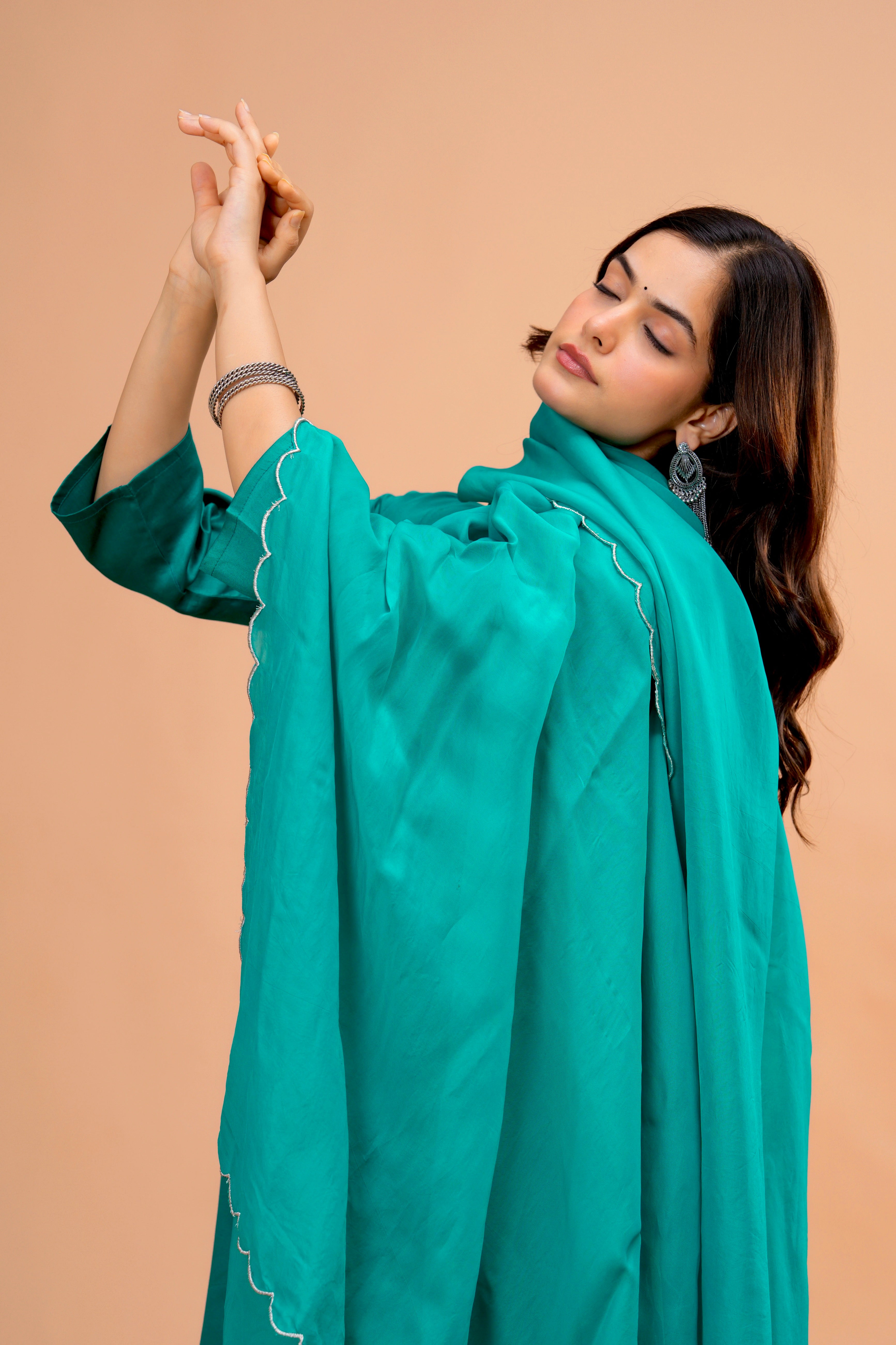 Green Cotton Silk Scallop Suit Set