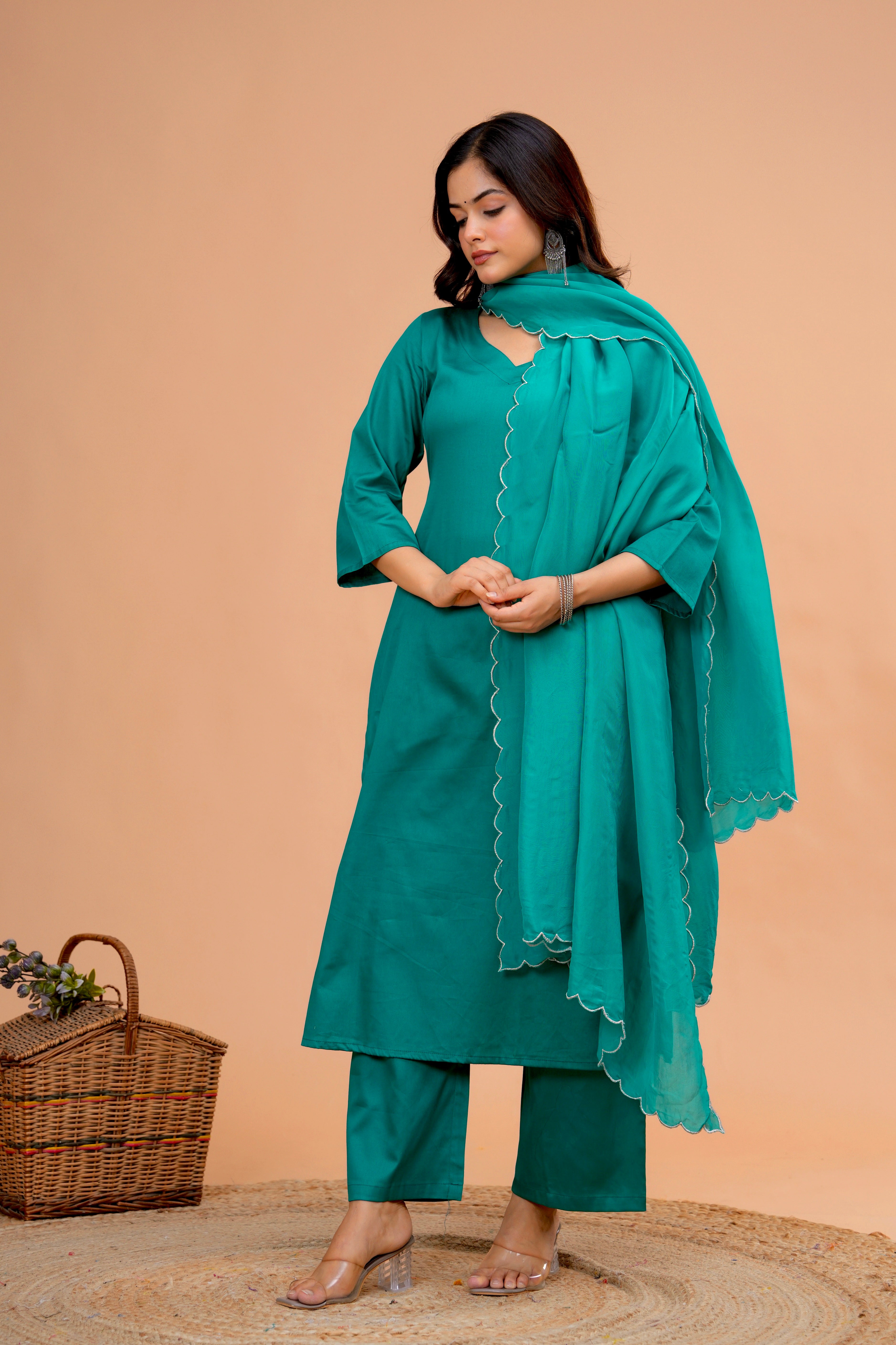 Green Cotton Silk Scallop Suit Set