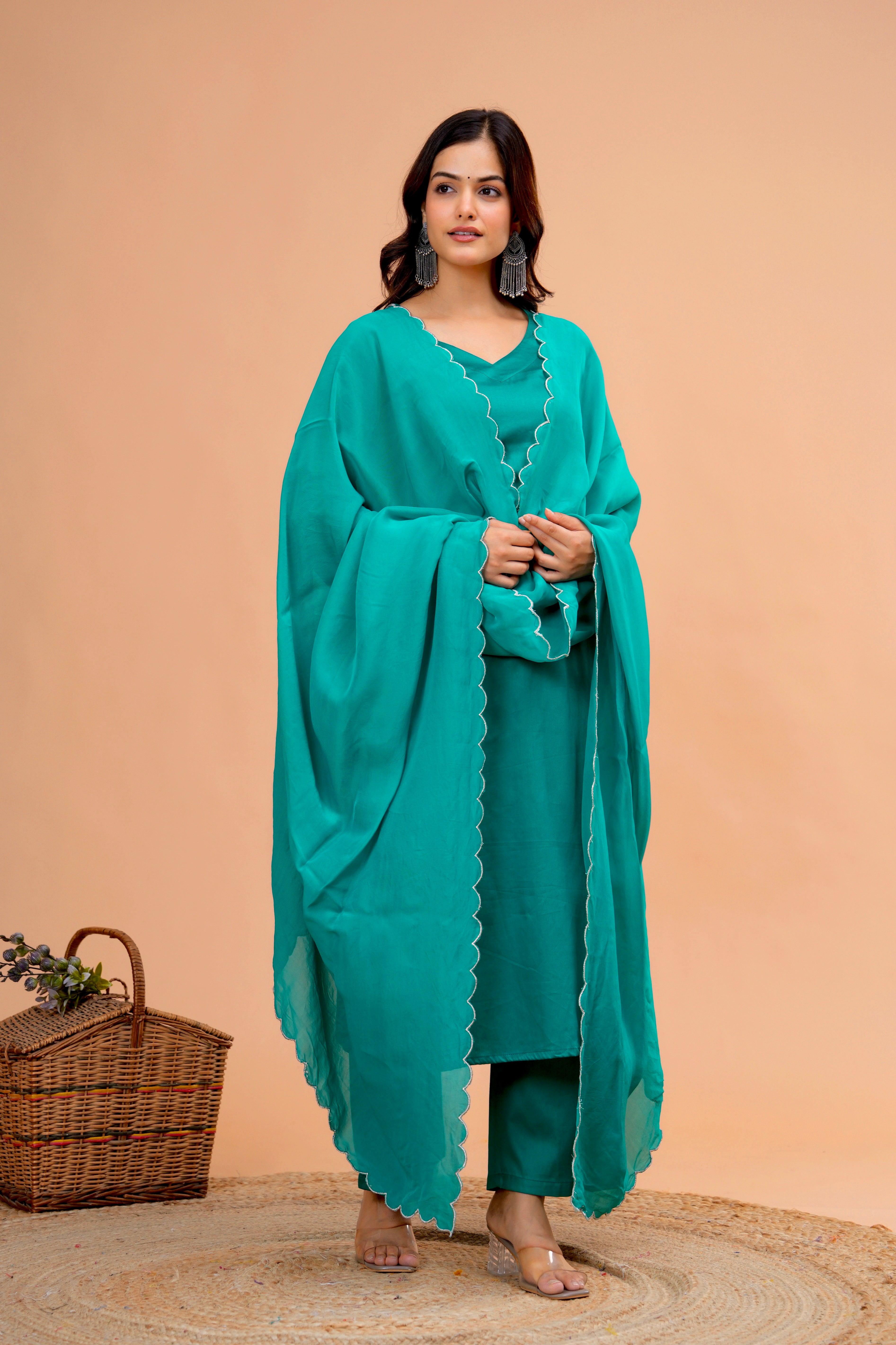 Green Cotton Silk Scallop Suit Set