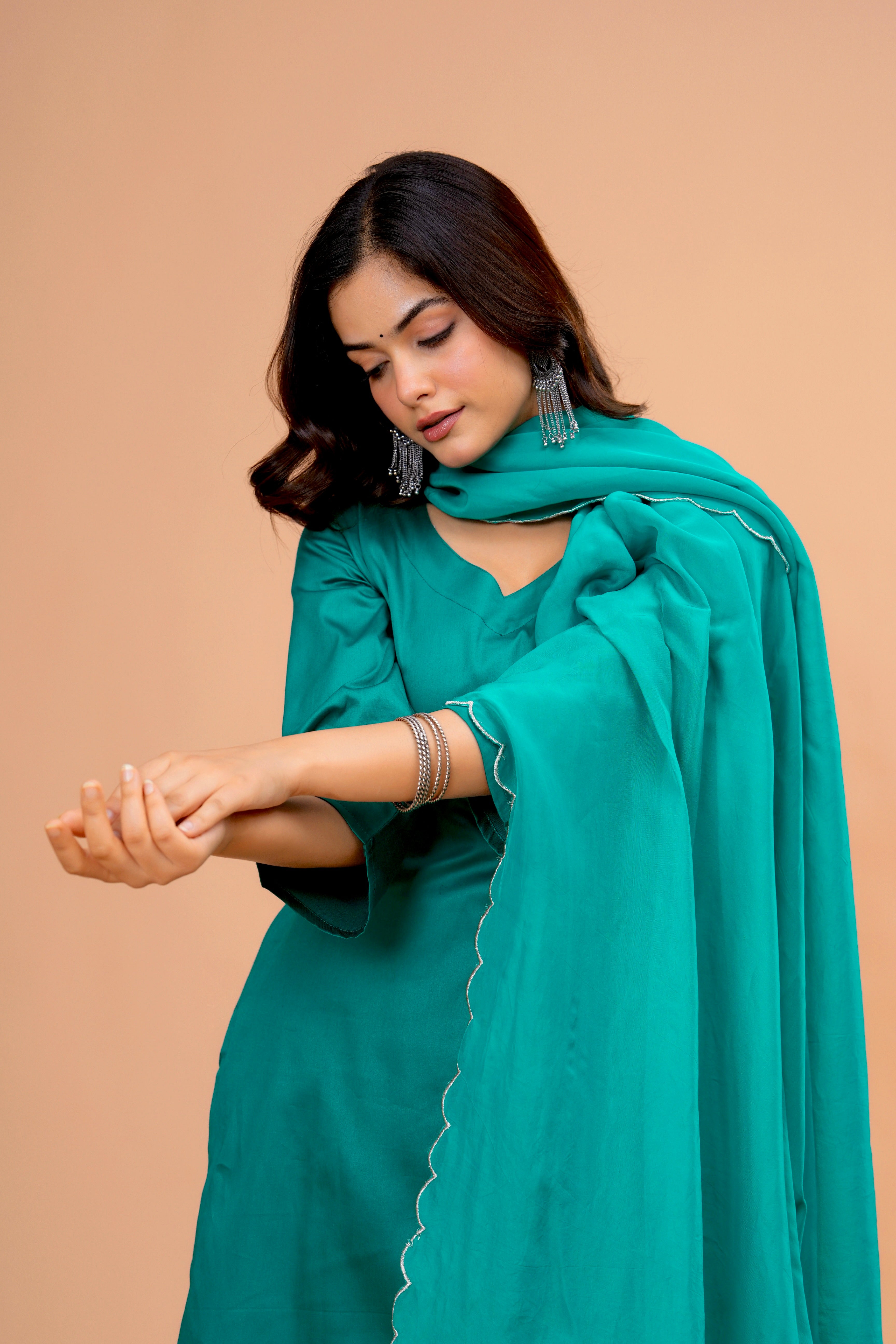 Green Cotton Silk Scallop Suit Set