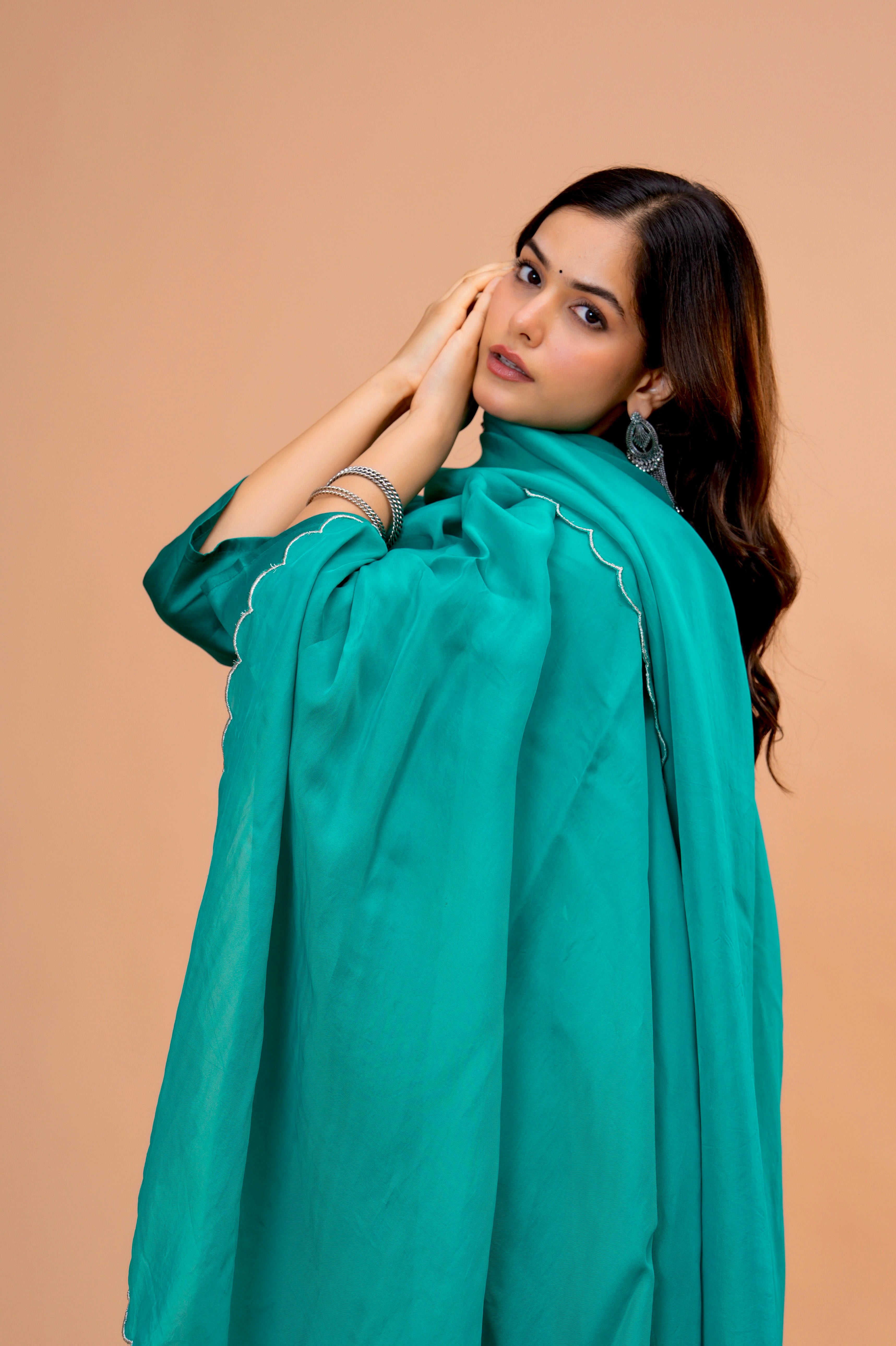 Green Cotton Silk Scallop Suit Set