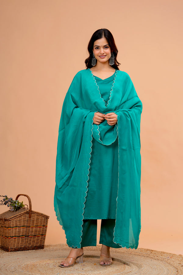Green Cotton Silk Scallop Suit Set