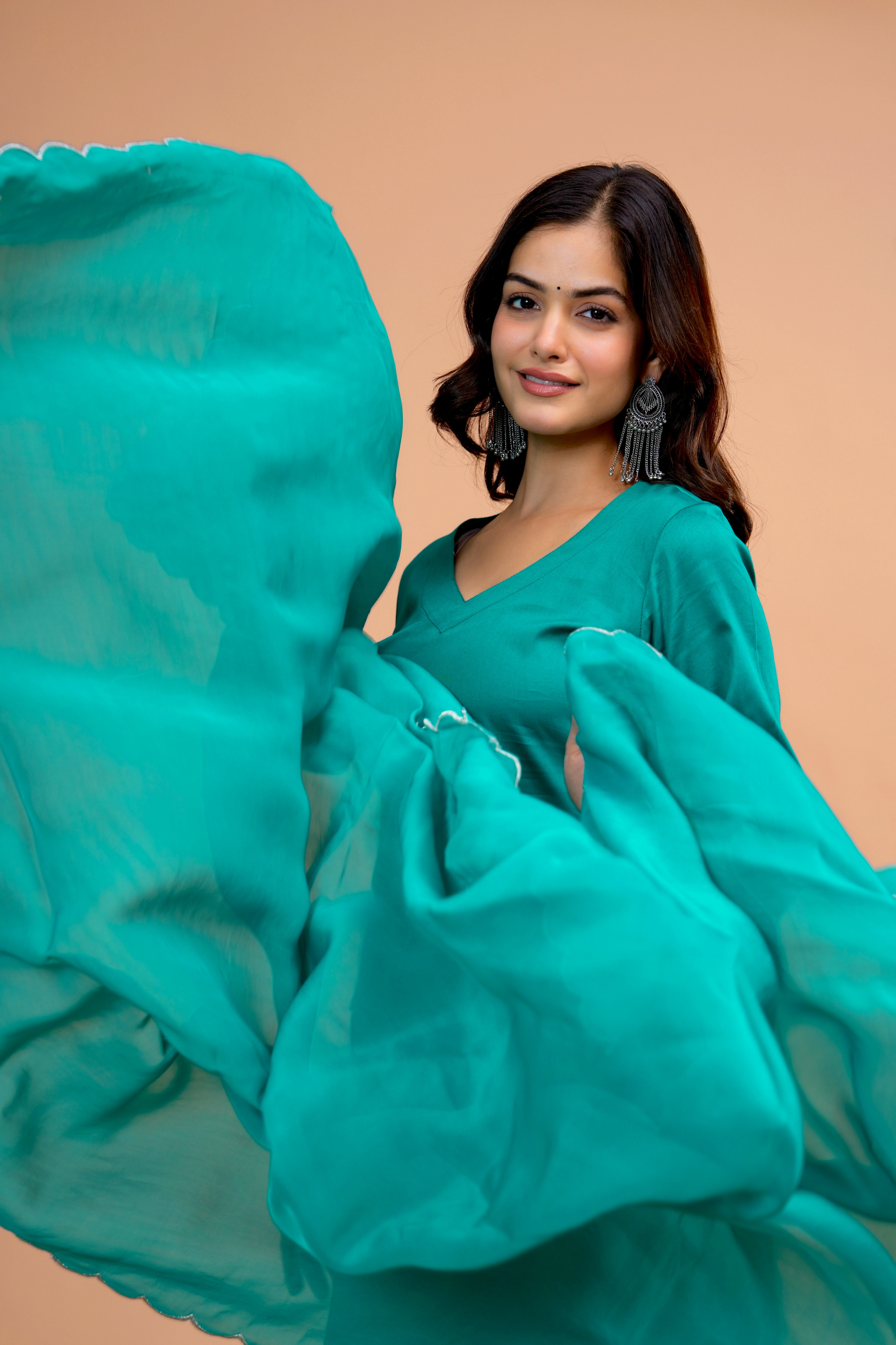 Green Cotton Silk Scallop Suit Set