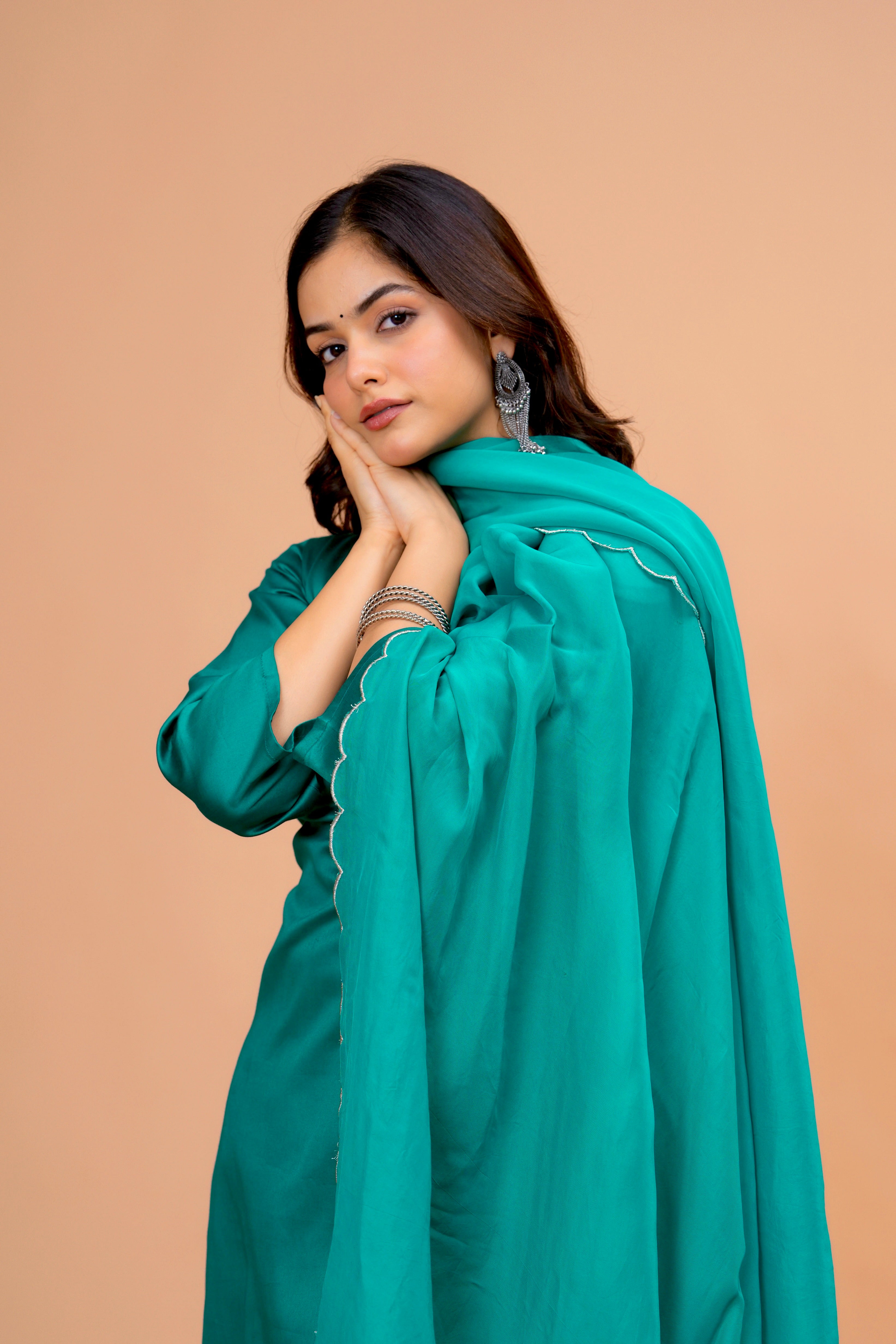 Green Cotton Silk Scallop Suit Set
